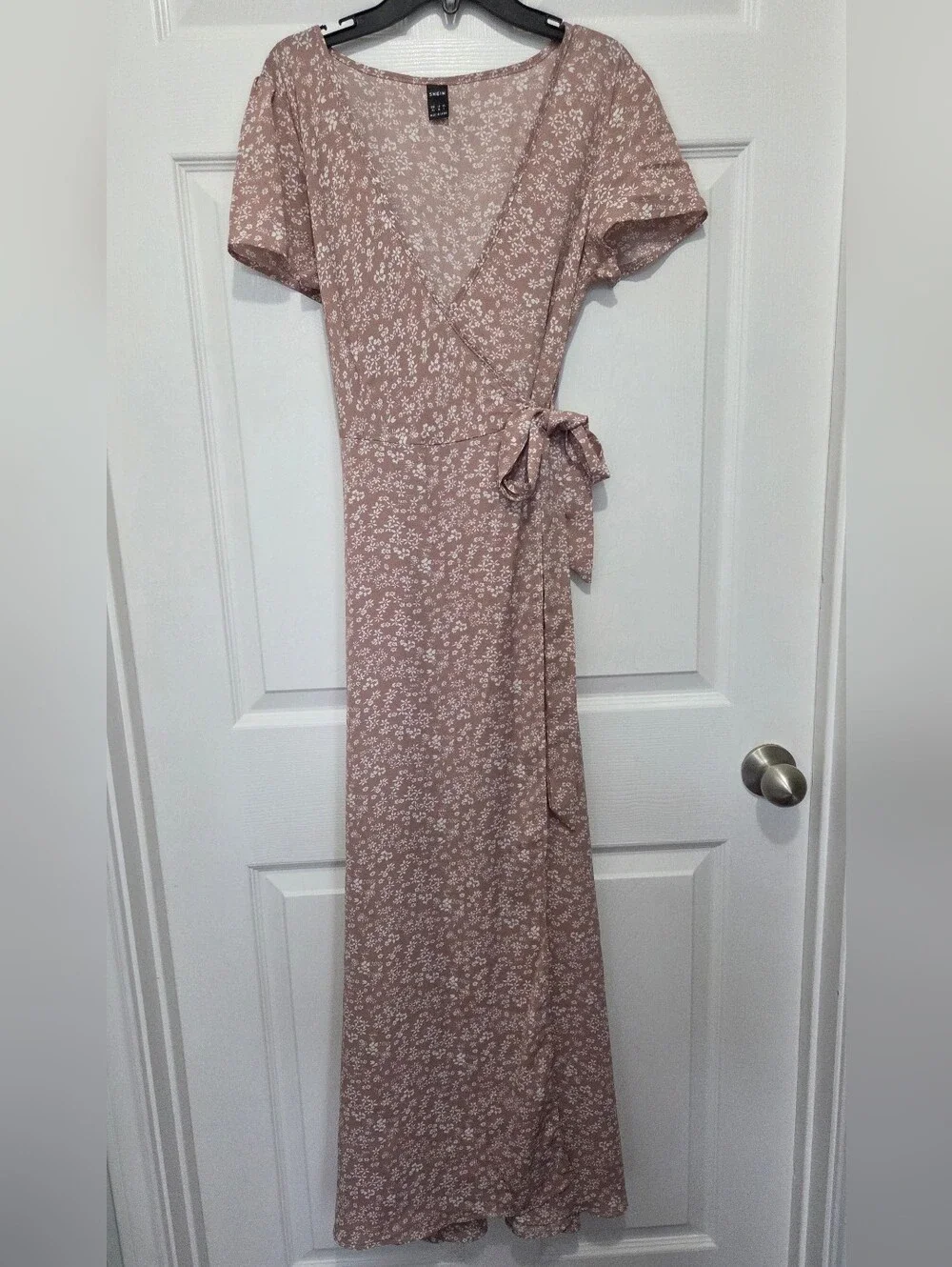 Women Dusty Rose Ditsy White Floral Wrap V-neck Flowy Maxi Dress Sz Extra Small - Picture 4 of 10